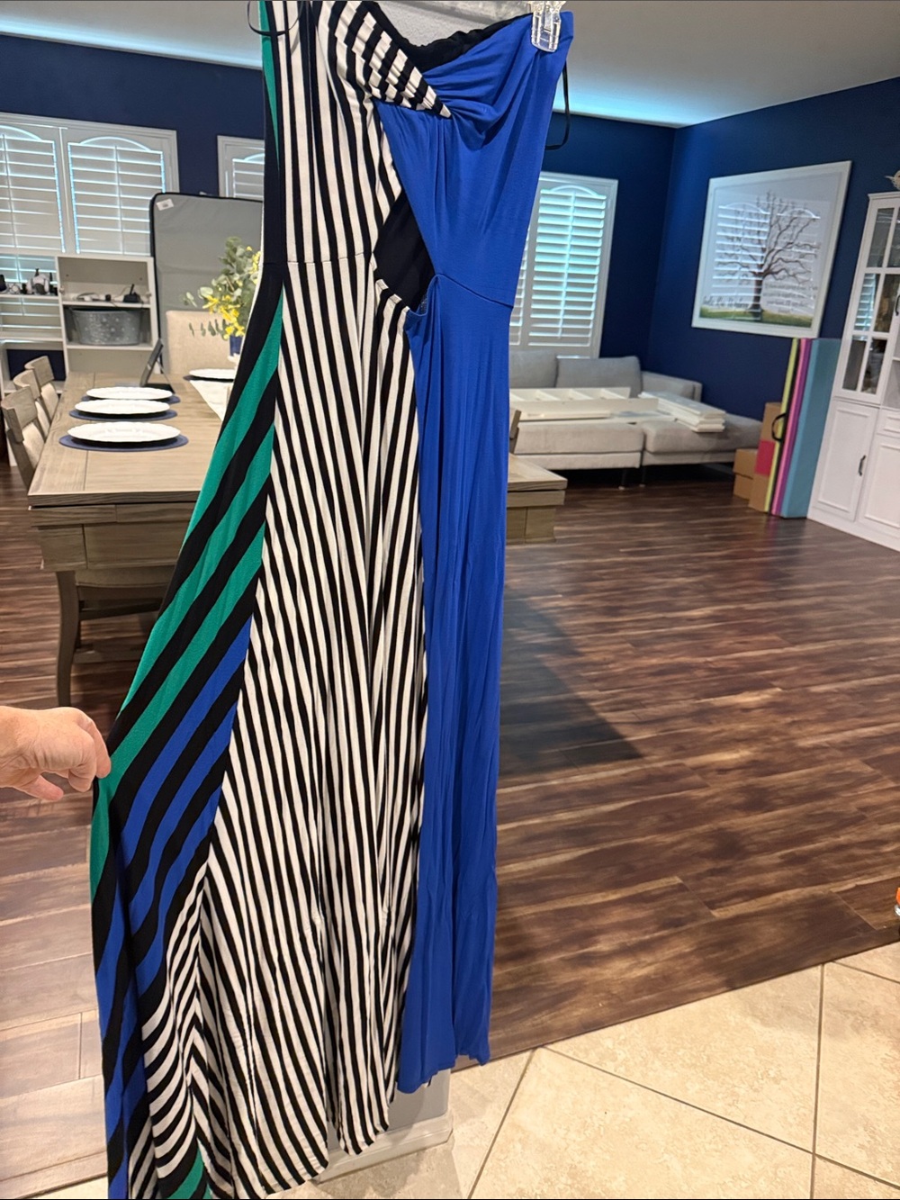 Blue & Stripe Maxi Dress with Green Accents